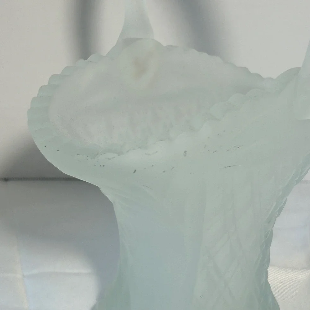 Vintage Frosted Glass Flower Basket Trinket Dish Candy Bowl Handle Etched Design